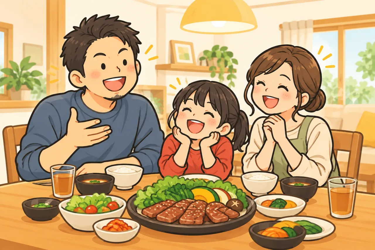 家族と食卓を囲む飲食店スタッフのイメージ
