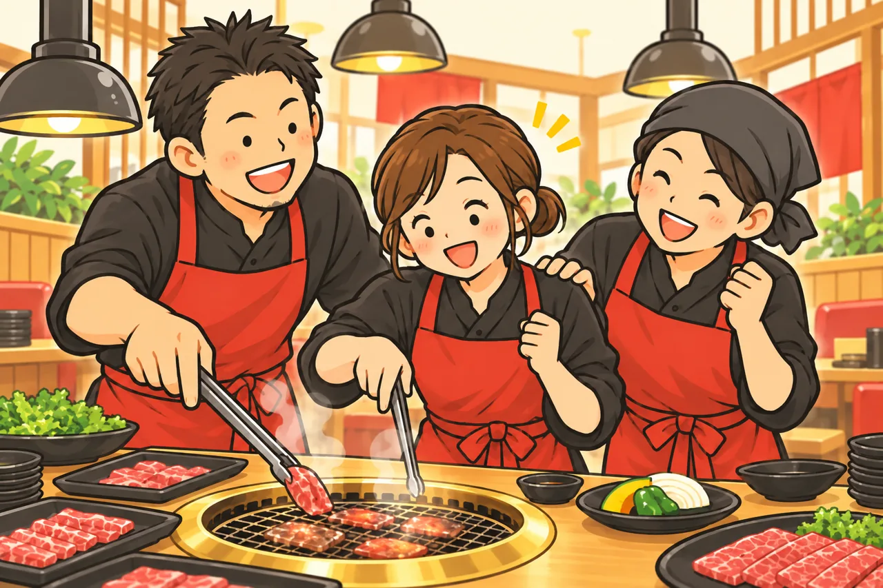 仲間と仕事を学ぶ焼肉店スタッフのイメージ