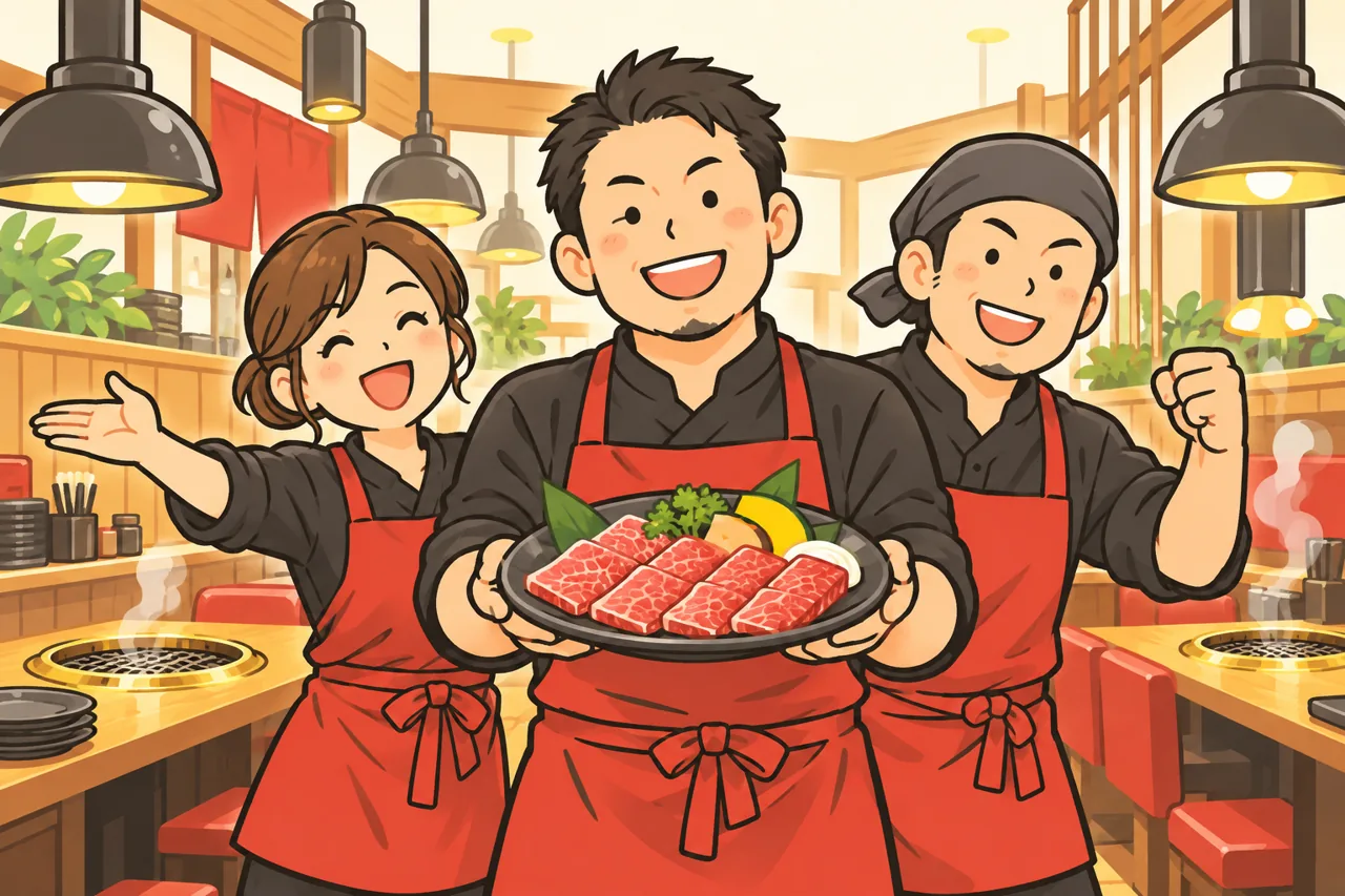 焼肉店のスタッフが笑顔で迎えるイメージ